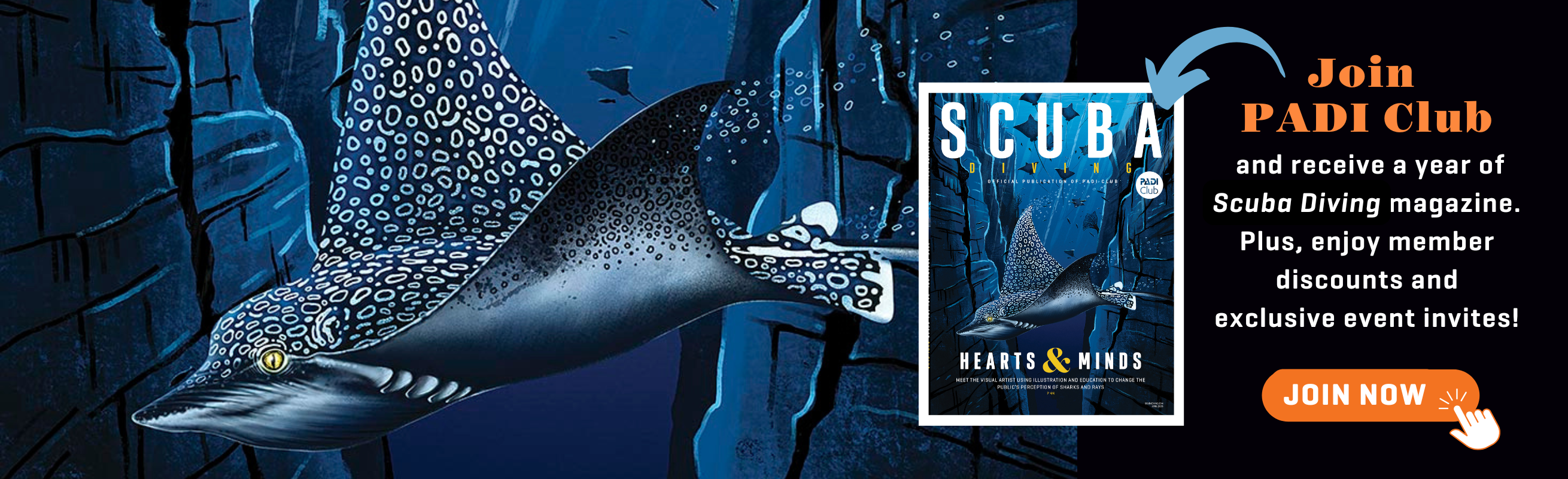 join padi club illustration of eagle ray and the cover of scuba diving magazine